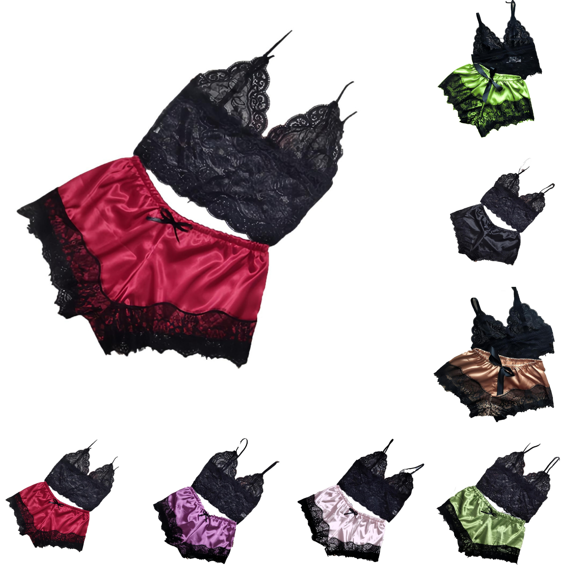 Yuanlook Women 2 Pieces Lace Satin Loungewear Set, Spaghetti Strap Lace Cami Top & Matching Satin Lace Shorts Casual Home Sleepwear S-XXL