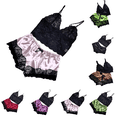 thumbnail image 1 of Yuanlook Women 2 Pieces Lace Satin Loungewear Set, Spaghetti Strap Lace Cami Top & Matching Satin Lace Shorts Casual Home Sleepwear S-XXL, 1 of 3