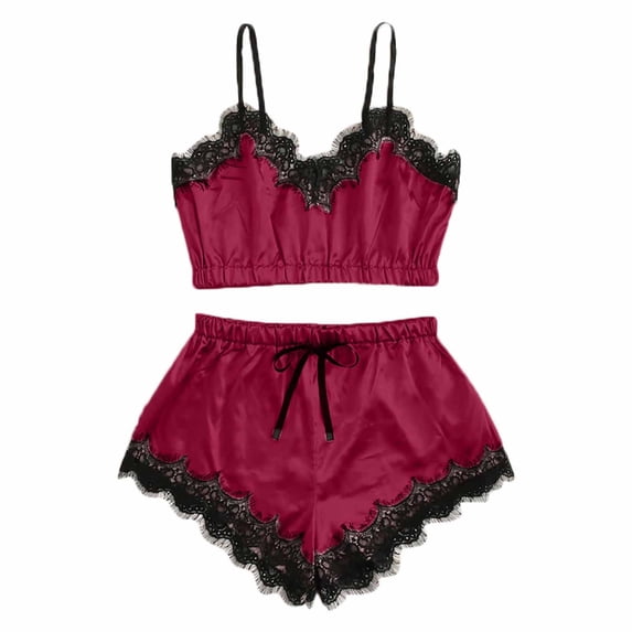 Yuanlook Women 2 Pieces Satin Pajama Set, Lace Trim Spaghetti Strap Crop Cami Top & Shorts Loungewear S-XXL