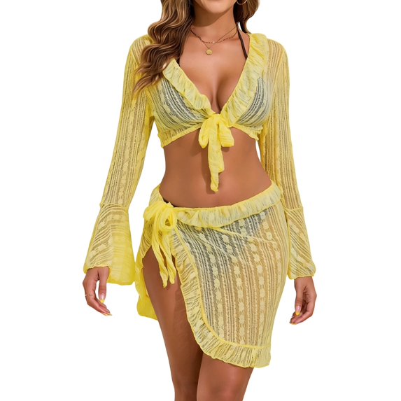 Yuanlook Women 4 Piece Swimsuit Halter Triangle High Cut Bikini Set with Coverup Top and Skirt - Yellow - L