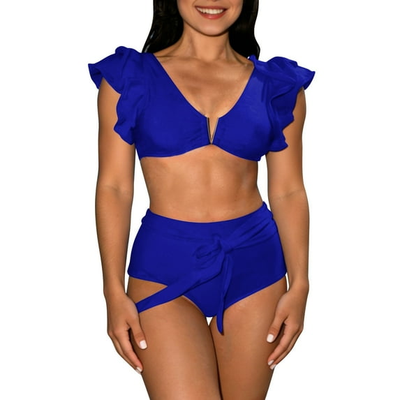 Yuanlook Women Bikini Set of 2Pcs V Neck Swimsuit Ruffle Sleeve Swimwear Summer Beach Swim Bathing Suits - Blue - M