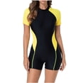 thumbnail image 1 of Yuanlook Women Boyleg One Piece Swimsuit Rash Guard Zipper Short Sleeve Modest Surfing Swimsuit for Beach Vacation Holiday - Yellow - XXL, 1 of 9