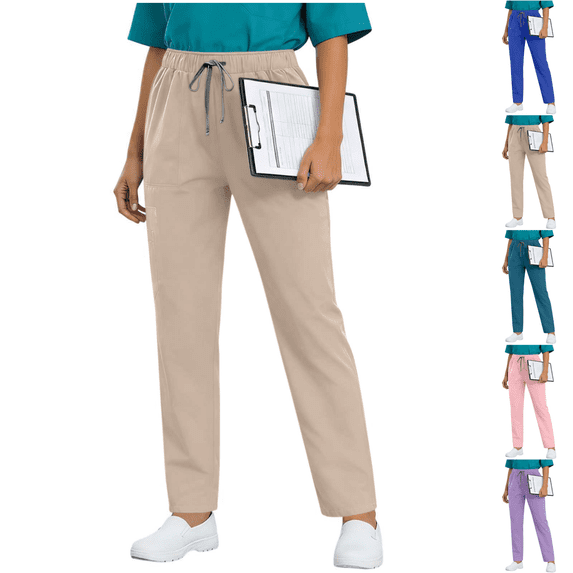 Yuanlook Women Drawstring Elastic Waist Scrub Pants, Multi-Pocket Straight Leg Medical Uniform Trousers Stretch Work Bottoms XS-XXL