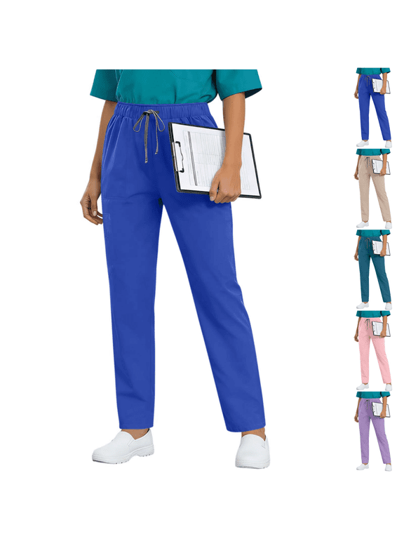 Women Drawstring Elastic Waist Scrub Pants, Multi-Pocket Straight Leg Medical Uniform Trousers Stretch Work Bottoms XS-XXL