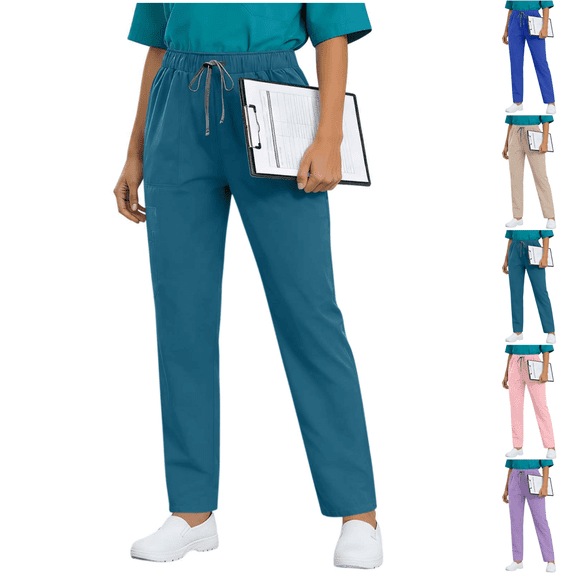 Yuanlook Women Drawstring Elastic Waist Scrub Pants, Multi-Pocket Straight Leg Medical Uniform Trousers Stretch Work Bottoms XS-XXL