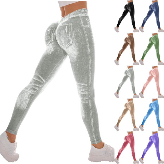 Yuanlook Women Faux Denim Print High Waist Leggings, Fake Back Pockets Stretch Slim Fit Full Length Workout Pants