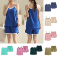 thumbnail image 1 of Yuanlook Women Lightweight Sleep Set, Solid Color V-Neck Satin Spaghetti Strap Cami With Contrast Trim Shorts Breathable Loungewear S-XXL, 1 of 6