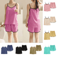 thumbnail image 1 of Yuanlook Women Lightweight Sleep Set, Solid Color V-Neck Satin Spaghetti Strap Cami With Contrast Trim Shorts Breathable Loungewear S-XXL, 1 of 6
