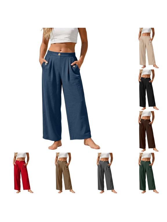 Women Linen Cotton Minimalist Pleated Ankle Wide Leg Pants, Mixed Elastic Waist Single Button Fly Decorative Button Patch Pockets Everyday Wear Trousers S-XXL