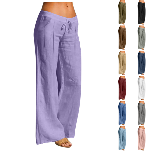 Yuanlook Women Low Rise Drawstring Wide Leg Pants, Front Pleats Side Pockets Loose Full Length Vacation Palazzo Trousers S-XXL