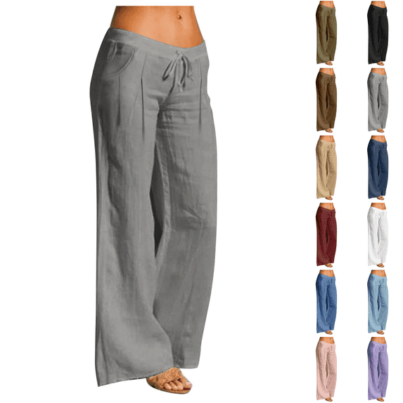 Yuanlook Women Low Rise Drawstring Wide Leg Pants, Front Pleats Side Pockets Loose Full Length Vacation Palazzo Trousers S-XXL