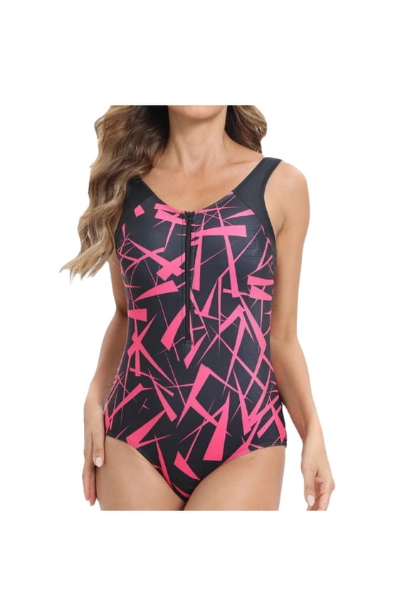 Women One Piece Bathing Suits Rash Guard Swimsuit Sleeveless Half Zipper Surfing Swimwear,Hot Pink,L