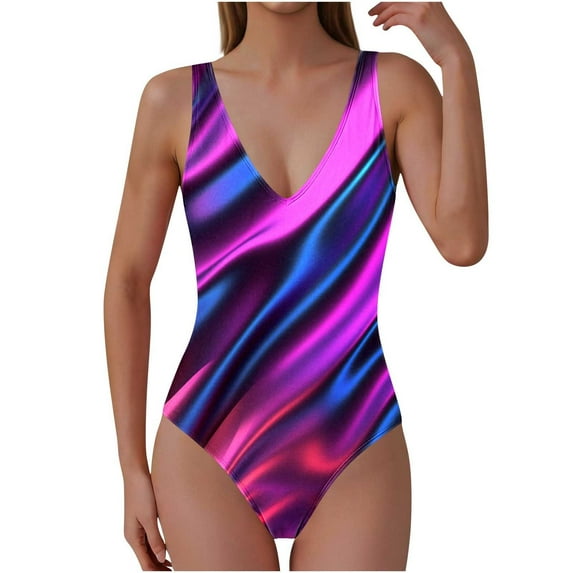 Yuanlook Women One Piece Swimsuit Pull-On Swimwear V Neck Low Back Bathing Suit - Multicolor - L