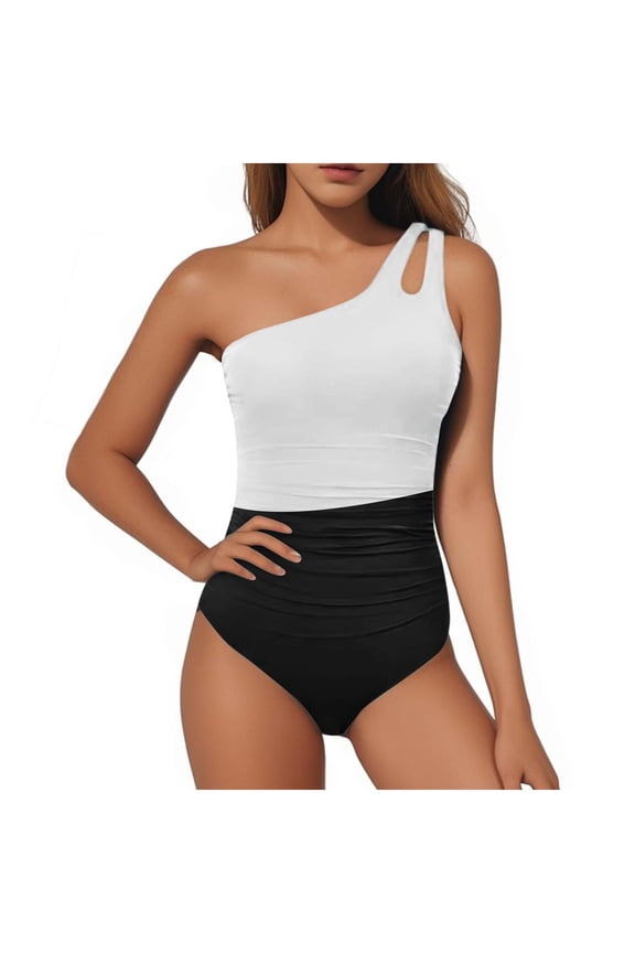 Women One Piece Swimsuits Modest Plunging One Shoulder Bathing Suit Tummy Control Stretch Swimwear for Beach Pool Party,Black,L