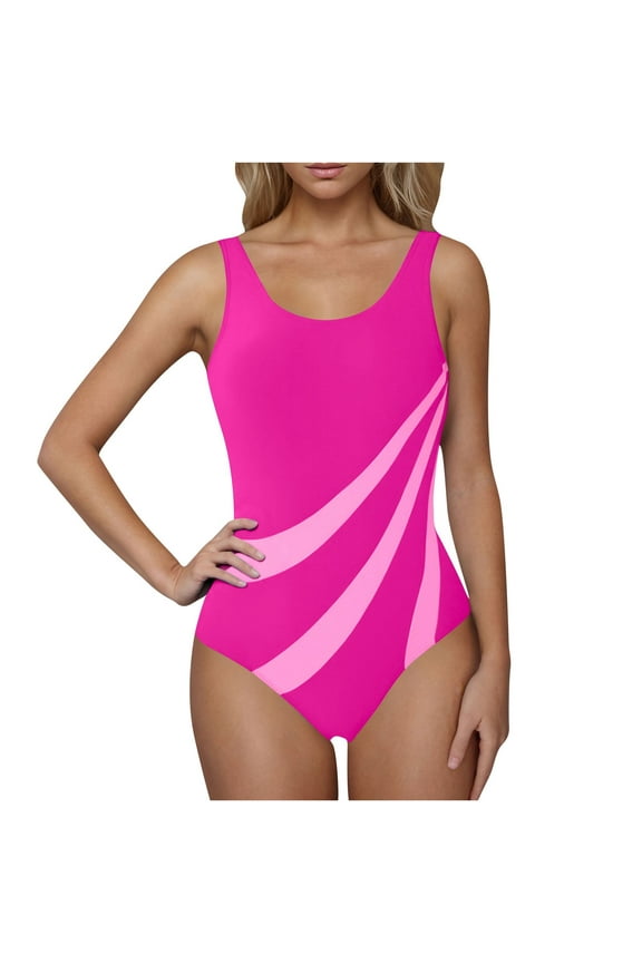 Women One Piece Swimsuits Retro Scoop Neck High Cut Low Back Bathing Suits Swimwear,Pink,XXL