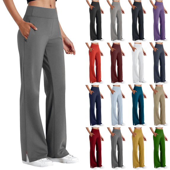 Yuanlook Women Plus Size Business Casual Split Flare Pants, High Waist Stretch Waistband Hidden Side Pockets Straight Flared Split Hem Daily Work Trousers S-5XL