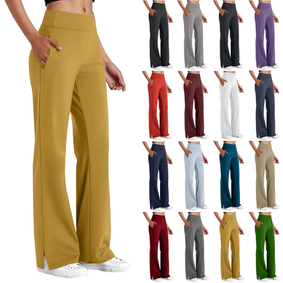 Yuanlook Women Plus Size Business Casual Split Flare Pants, High Waist Stretch Waistband Hidden Side Pockets Straight Flared Split Hem Daily Work Trousers S-5XL