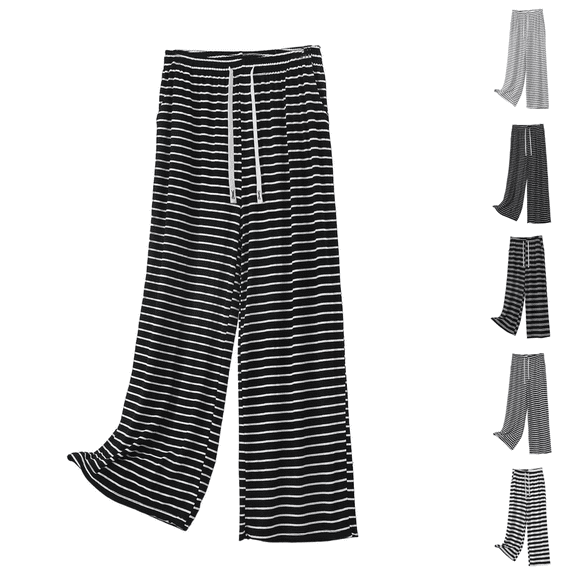 Yuanlook Women Plus Size Classic Horizontal Stripe Wide Leg Loungewear Pants, Self Fabric Tie Pull-On Waist Hidden Side Hand Pockets Relaxed Daily Bottoms S-5XL