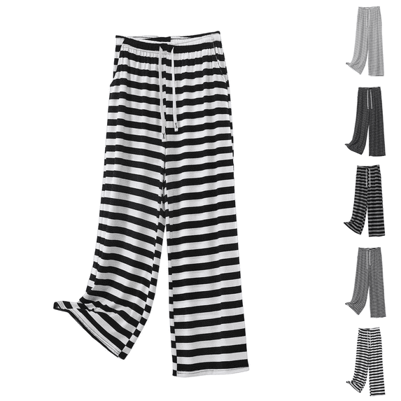 Yuanlook Women Plus Size Classic Horizontal Stripe Wide Leg Loungewear Pants, Self Fabric Tie Pull-On Waist Hidden Side Hand Pockets Relaxed Daily Bottoms S-5XL