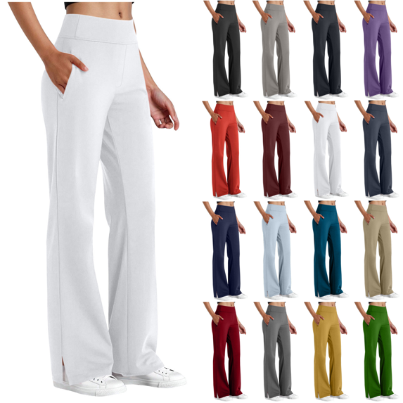 Yuanlook Women Plus Size High Waist Split Hem Flare Pants, Wide Stretch Waistband Side Pockets Wrinkle Resistant Casual Office Trousers S-5XL