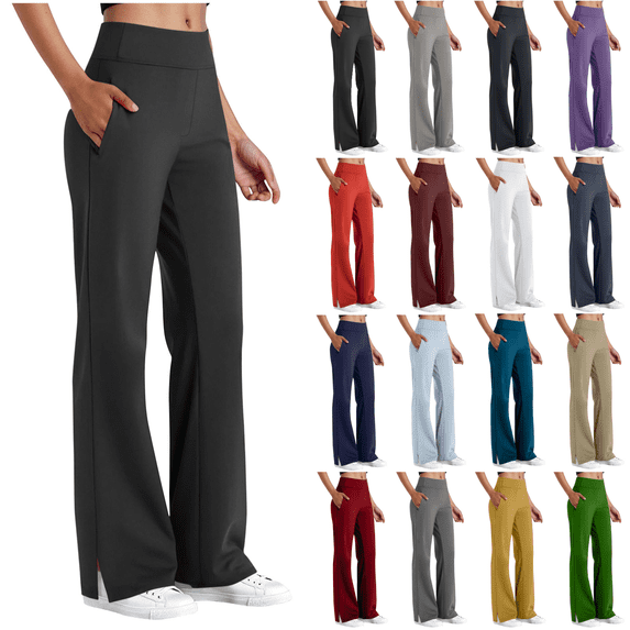 Yuanlook Women Plus Size High Waist Split Hem Flare Pants, Wide Stretch Waistband Side Pockets Wrinkle Resistant Casual Office Trousers S-5XL