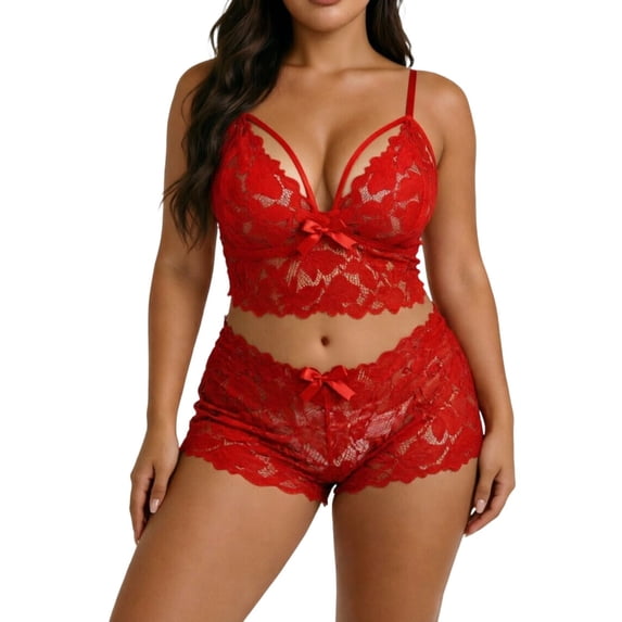 Yuanlook Women Plus Size Lace Loungewear Set, Spaghetti Strap V Neck Cami Crop Top & High Waist Shorts Bow Decor Daily Sleep Outfit S-XXXXL
