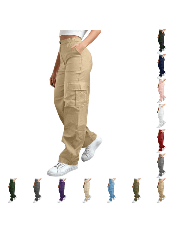 Women Plus Size Wide‑Leg Cargo Pants, Button Partial Elastic High‑Rise Waist Full Length Utility Trousers Relaxed‑Fit Casual Outdoor Bottoms S‑5XL