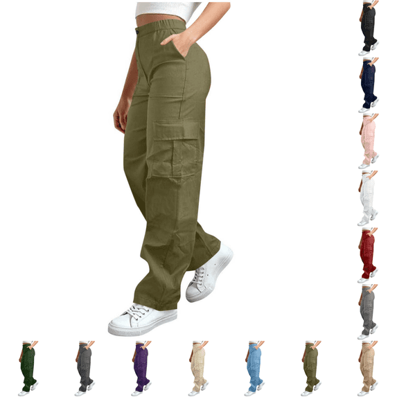 Yuanlook Women Plus Size Wide‑Leg Cargo Pants, Button Partial Elastic High‑Rise Waist Full Length Utility Trousers Relaxed‑Fit Casual Outdoor Bottoms S‑5XL