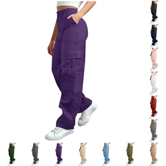 Yuanlook Women Plus Size Wide‑Leg Cargo Pants, Button Partial Elastic High‑Rise Waist Full Length Utility Trousers Relaxed‑Fit Casual Outdoor Bottoms S‑5XL