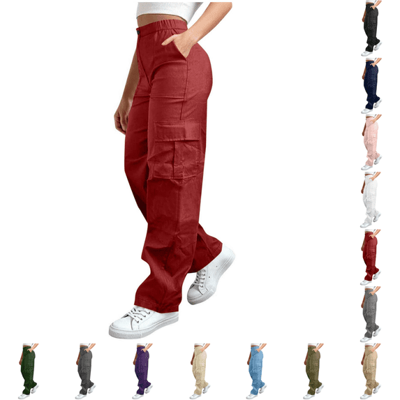 Yuanlook Women Plus Size Wide‑Leg Cargo Pants, Button Partial Elastic High‑Rise Waist Full Length Utility Trousers Relaxed‑Fit Casual Outdoor Bottoms S‑5XL