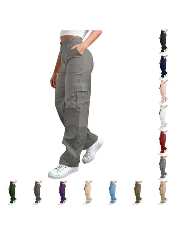 Women Plus Size Wide‑Leg Cargo Pants, Button Partial Elastic High‑Rise Waist Full Length Utility Trousers Relaxed‑Fit Casual Outdoor Bottoms S‑5XL