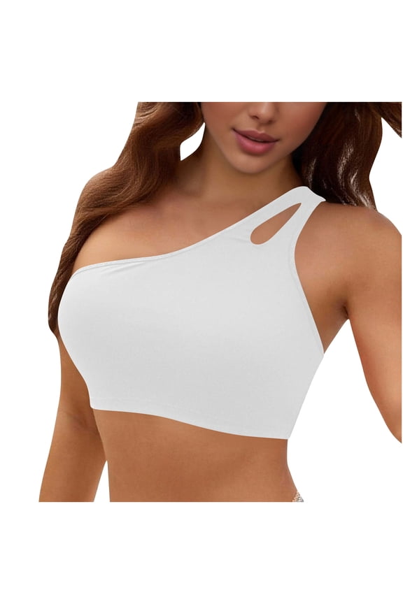 Women Ribbed Bikini One Shoulder Top Bathing Suit Solid Color Stretchy Swimwear for Summer Beach Pool Party Vacation - White - S