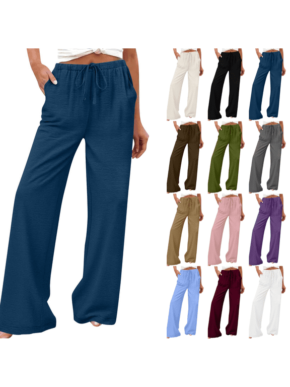 Women Soft Jersey Drawstring Elastic Waist Wide Leg Pants, Side Pockets Full Length Loungewear Trousers S-XXL