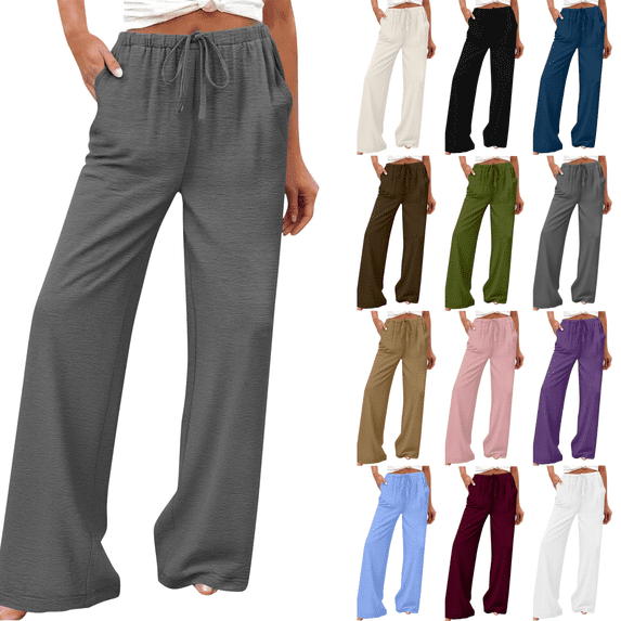Yuanlook Women Soft Jersey Drawstring Elastic Waist Wide Leg Pants, Side Pockets Full Length Loungewear Trousers S-XXL