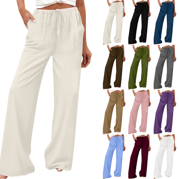 Yuanlook Women Soft Jersey Drawstring Elastic Waist Wide Leg Pants, Side Pockets Full Length Loungewear Trousers S-XXL