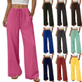 thumbnail image 1 of Yuanlook Women Stretch Soft Knit Wide Leg Trousers, Gathered Elastic Waist Casual Tie Detail Convenient Side Pockets Comfort Leisure Pants S-XXL, 1 of 8