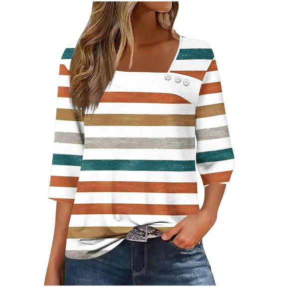 Yuanlook Women Tops V Neck Loose Shirts,3/4 Sleeve Blouses Business Casual Tunic Tees - Orange - L