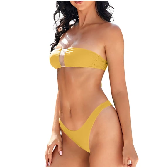 Yuanlook Women's 2 Piece Bandeau Bikini Set Sheer Mesh Panel Strapless Top High Cut Cheeky Bottoms Size S-L