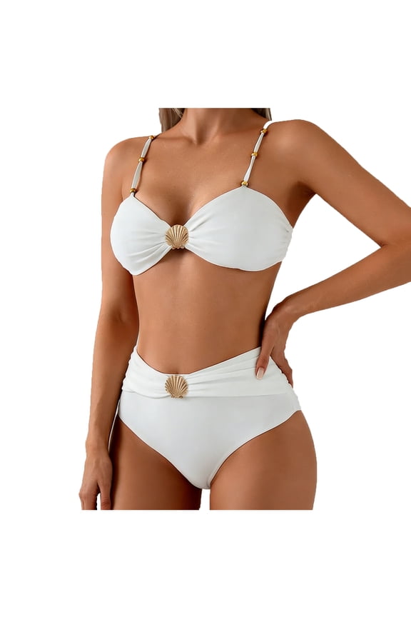 Women's 2 Piece Bikini Set Bandeau Top High Waist Bottom Gold Shell Charm Beaded Strap Modest Full Coverage Bathing Suit
