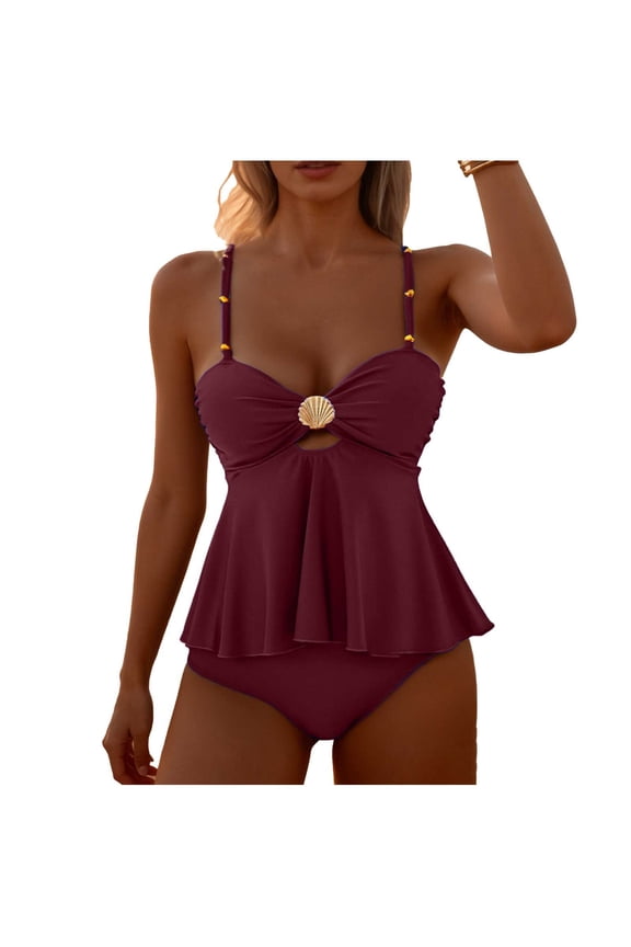 Women's 2 Piece Ruffle Hem Tankini Set Shell Accent Front Cutout Tummy Control Swimwear Size S-XL