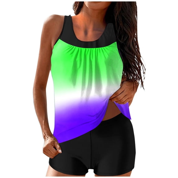 Yuanlook Women's 2 Piece Tankini Set Gradient Ombre Rounded Neck Ruched Loose Fit Top with Boyshort Bottoms Swimsuit Size S-XXL