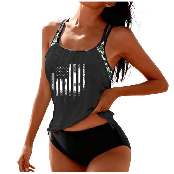 Yuanlook Women's 2 Piece Tankini Set US Flag Print Double Strap Drawstring Hem Bathing Suit Size S-XXL