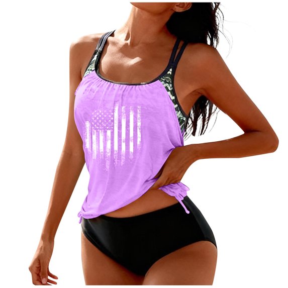 Yuanlook Women's 2 Piece Tankini Set US Flag Print Double Strap Drawstring Hem Bathing Suit Size S-XXL