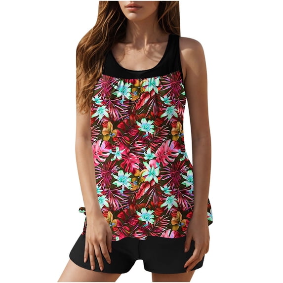 Yuanlook Women's 2 Piece Tankini Set with Shorts Boho Tropical Floral Print Beach Swimwear Size S-XXL