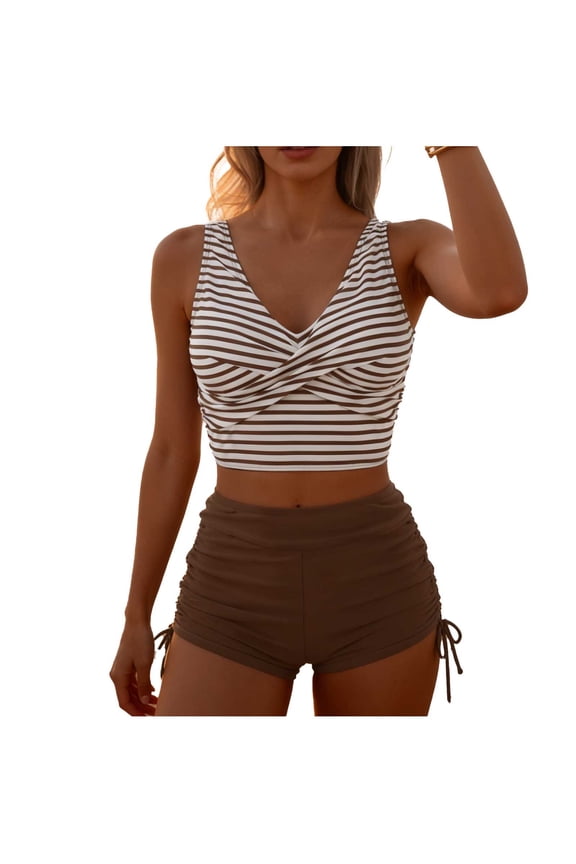 Women's 2 Piece Tankini Set with Shorts Striped Pattern Retro Style Swimwear Size S-XL