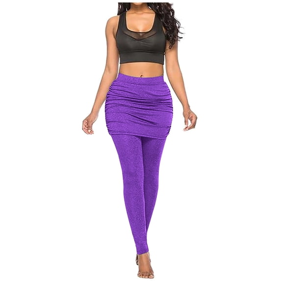 Yuanlook Women's 2-in-1 Ruched Skirted Leggings High Waist Slim-Fit Stretchy Trousers Size S-XXXL