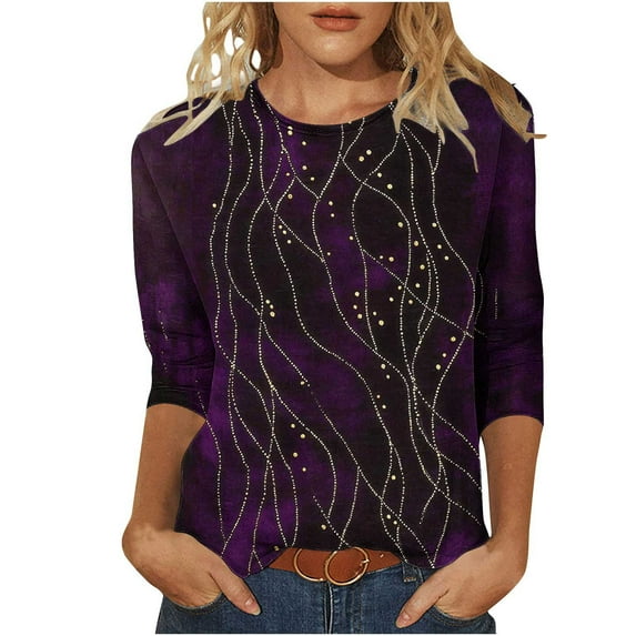Yuanlook Women's 3/4 Length Sleeve Tops Crew Neck Dressy Casual Blouses T Shirts Fall Clothes - Purple - L