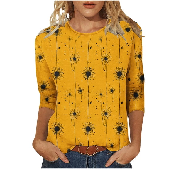 Yuanlook Women's 3/4 Sleeve Shirts,Dressy Casual Tops Crew Neck Blouses Summer T Shirts Loose Fit Business Work Clothes - Yellow - XL