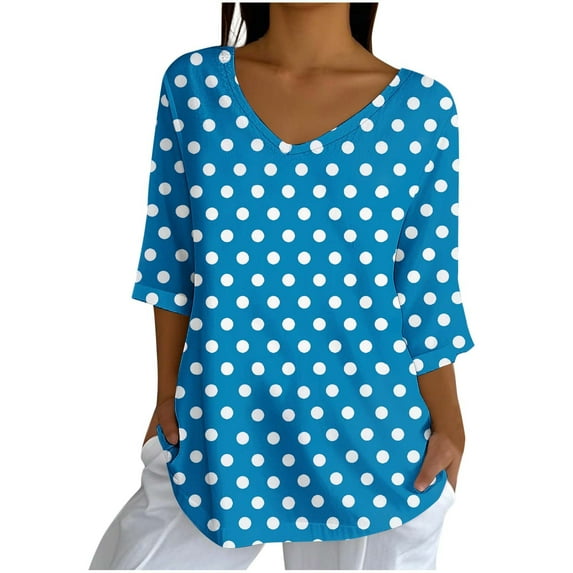 Yuanlook Women's 3/4 Sleeve Shirts V Neck Summer Tops Casual Tunics Tops Basic Tees Blouse Loose Fit - Blue - XXL