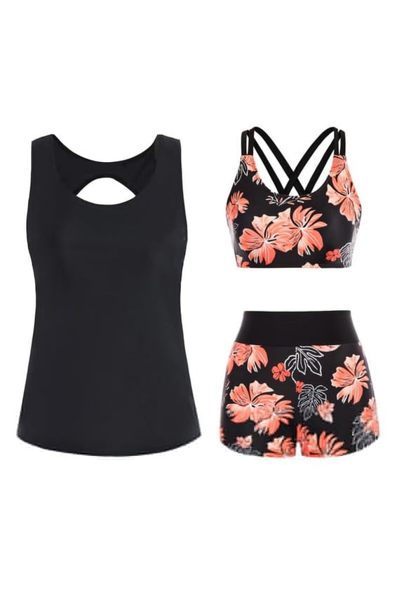 Women's 3 Piece Tankini Swimsuits Tummy Control Swim Bathing Suits Comfort Modest Athletic Plus Size Swimwear,Multicolor,XL